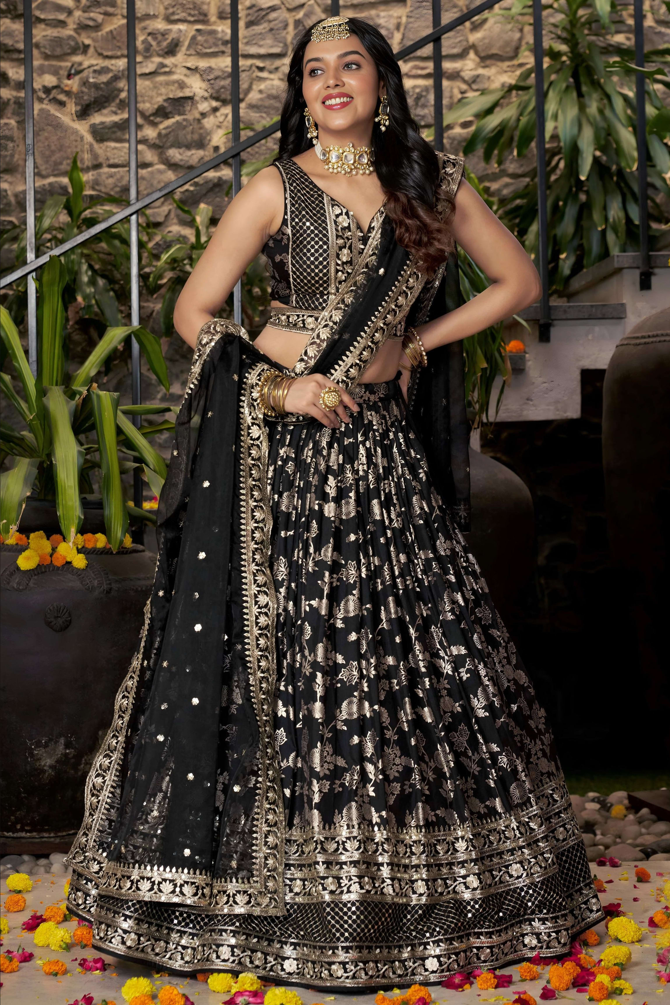 Black Jacquard Silk Lehenga Choli For Indian & Pakistani Wedding Festival - Sequence Embroidery Work, Zari Work