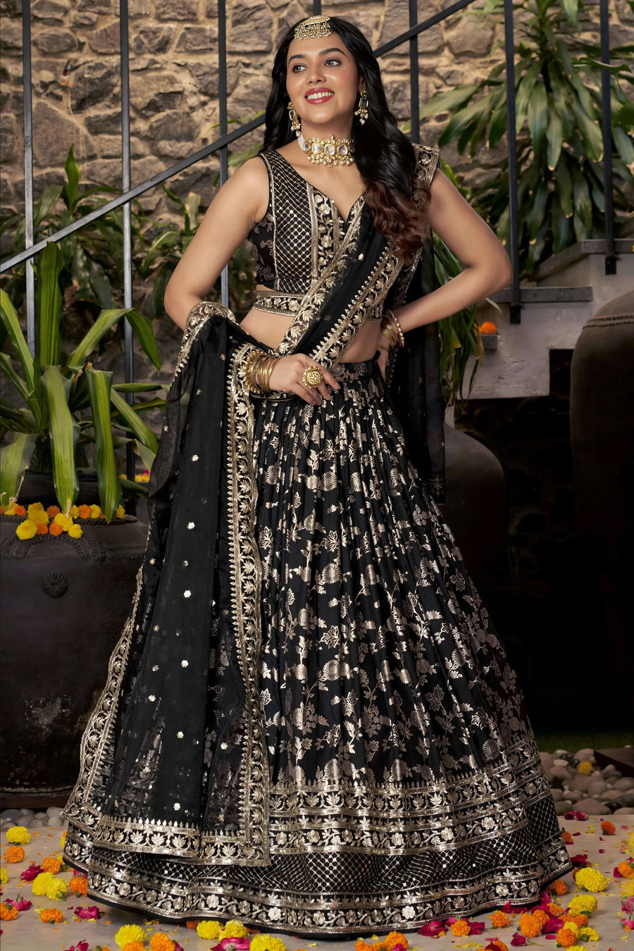 Black Jacquard Silk Lehenga Choli For Indian & Pakistani Wedding Festival - Sequence Embroidery Work, Zari Work