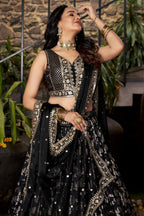 Black Jacquard Silk Lehenga Choli For Indian & Pakistani Wedding Festival - Sequence Embroidery Work, Zari Work