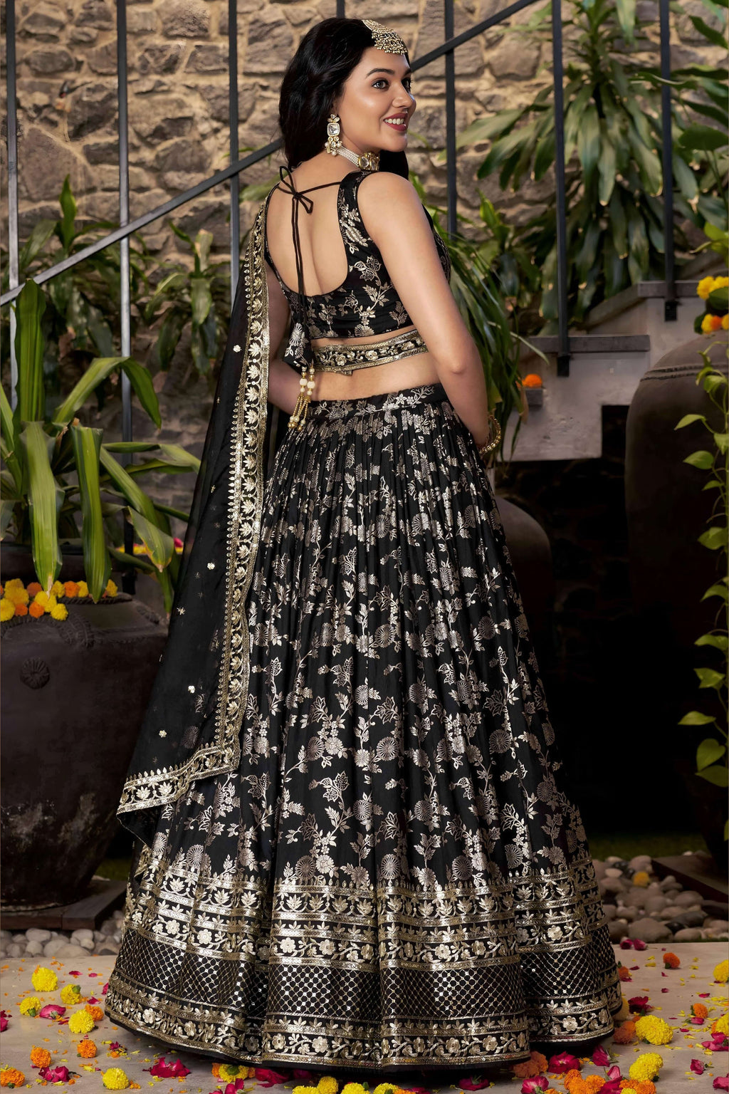 Black Jacquard Silk Lehenga Choli For Indian & Pakistani Wedding Festival - Sequence Embroidery Work, Zari Work