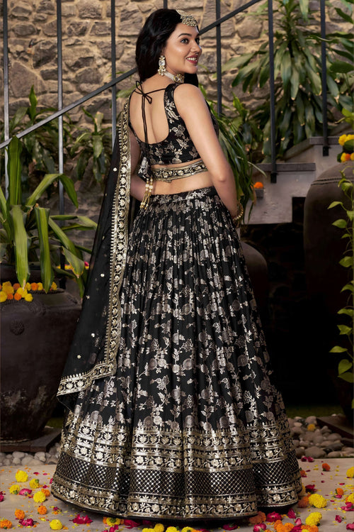 Black Jacquard Silk Lehenga Choli For Indian & Pakistani Wedding Festival - Sequence Embroidery Work, Zari Work
