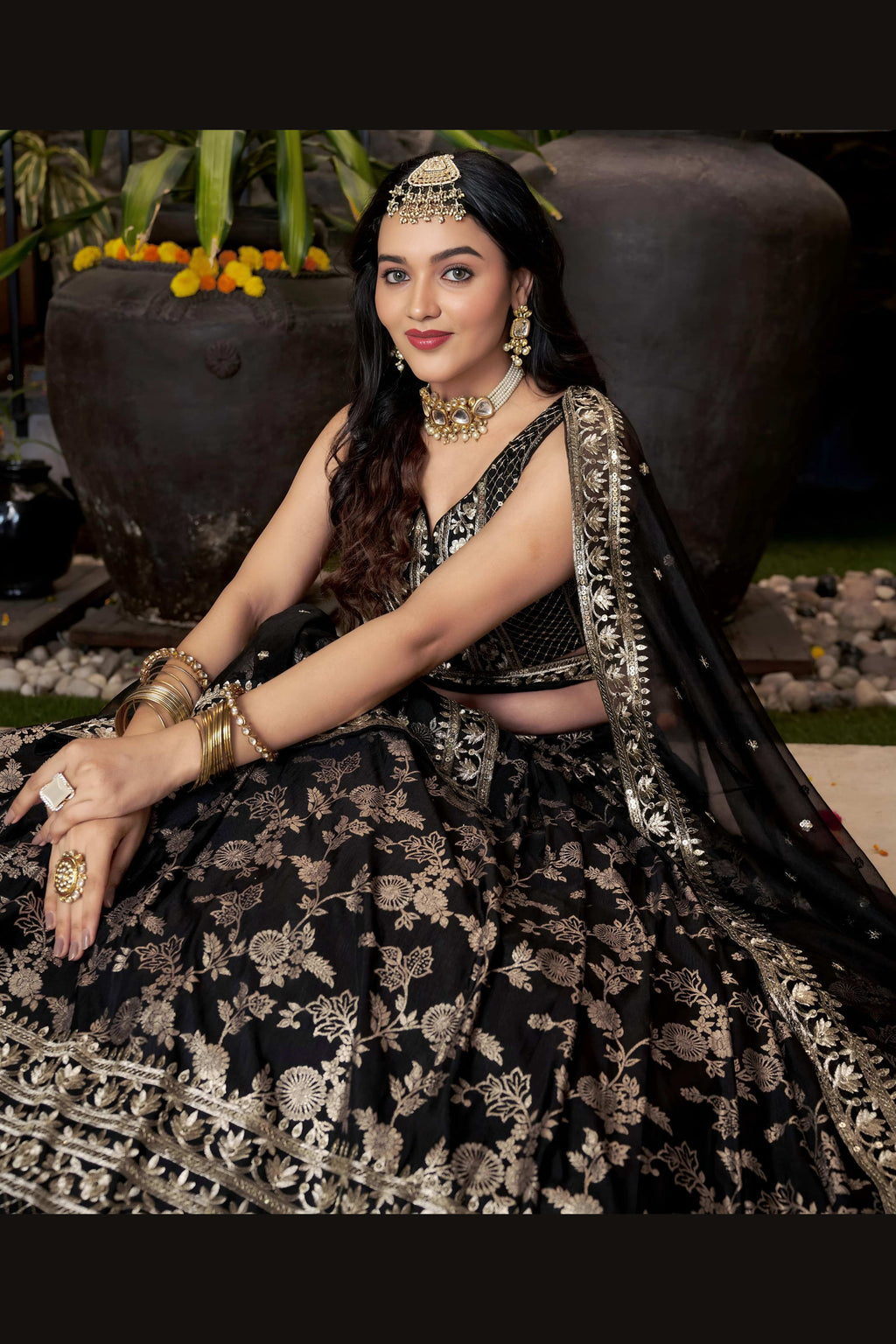 Black Jacquard Silk Lehenga Choli For Indian & Pakistani Wedding Festival - Sequence Embroidery Work, Zari Work