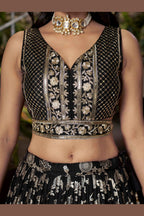 Black Jacquard Silk Lehenga Choli For Indian & Pakistani Wedding Festival - Sequence Embroidery Work, Zari Work