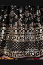 Black Jacquard Silk Lehenga Choli For Indian & Pakistani Wedding Festival - Sequence Embroidery Work, Zari Work