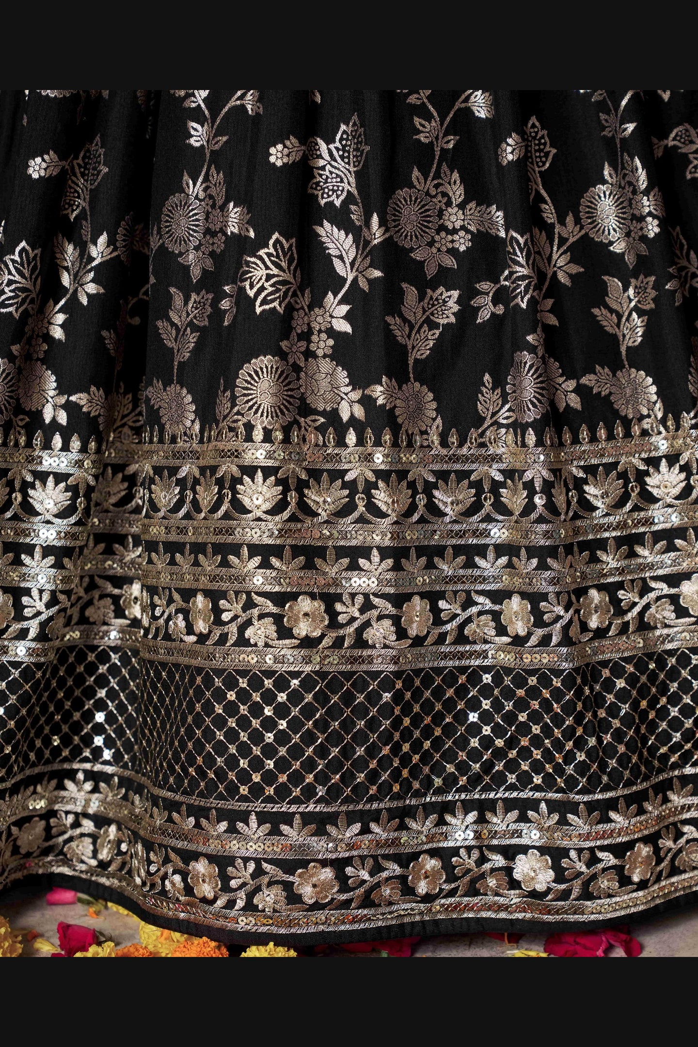 Black Jacquard Silk Lehenga Choli For Indian & Pakistani Wedding Festival - Sequence Embroidery Work, Zari Work