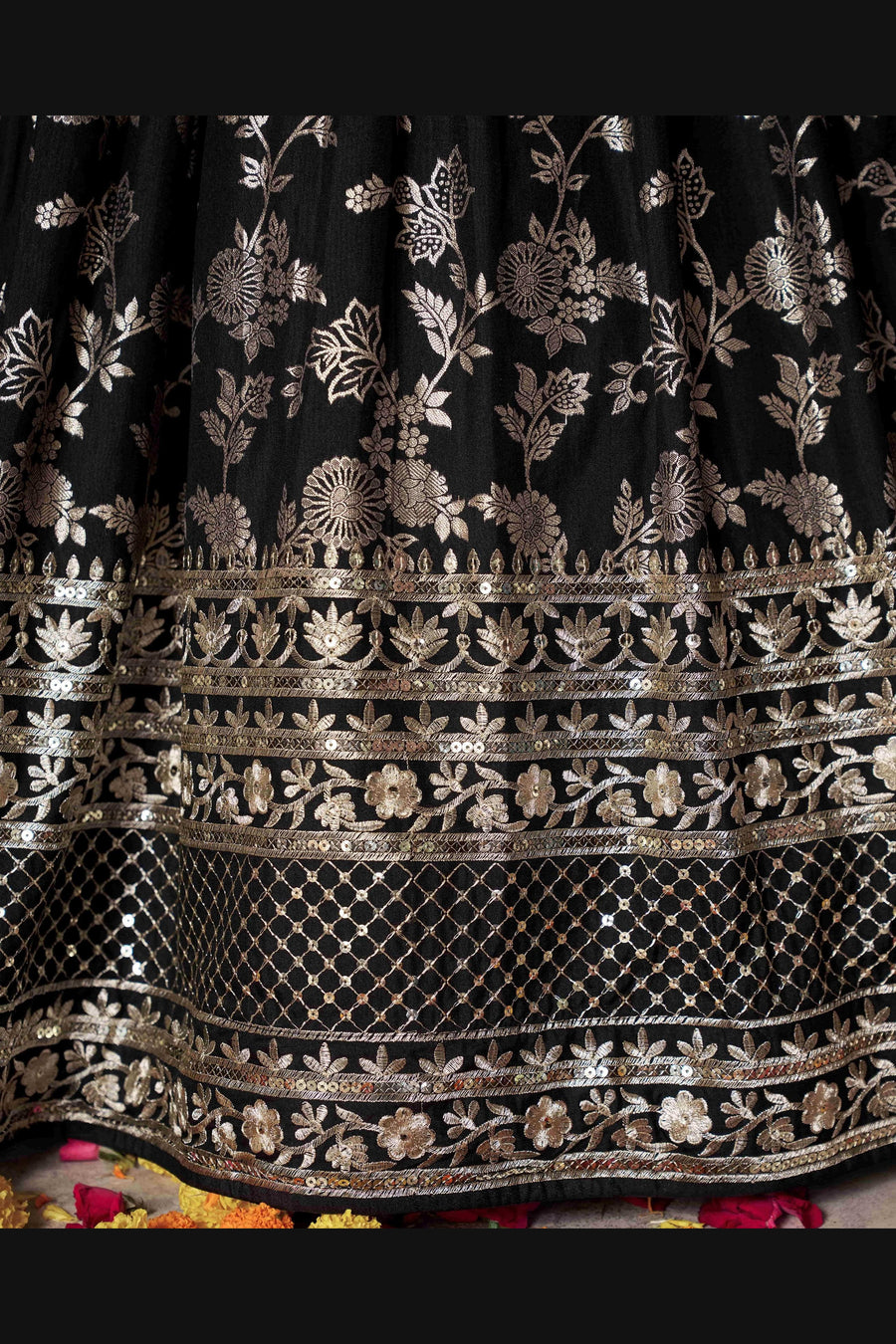 Black Jacquard Silk Lehenga Choli For Indian & Pakistani Wedding Festival - Sequence Embroidery Work, Zari Work