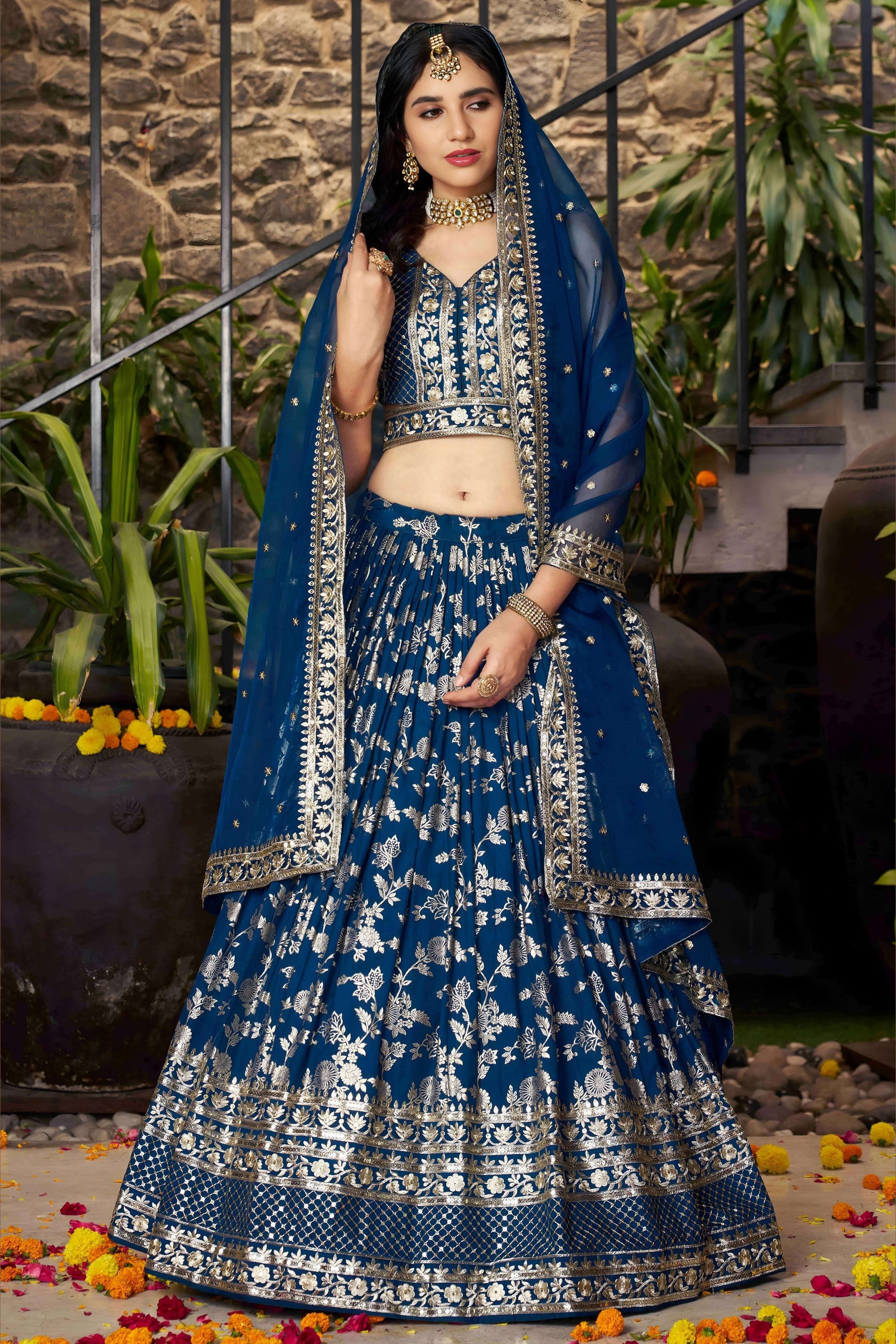 Dove Blue Jacquard Silk Lehenga Choli For Indian & Pakistani Wedding Festival - Sequence Embroidery Work, Zari Work