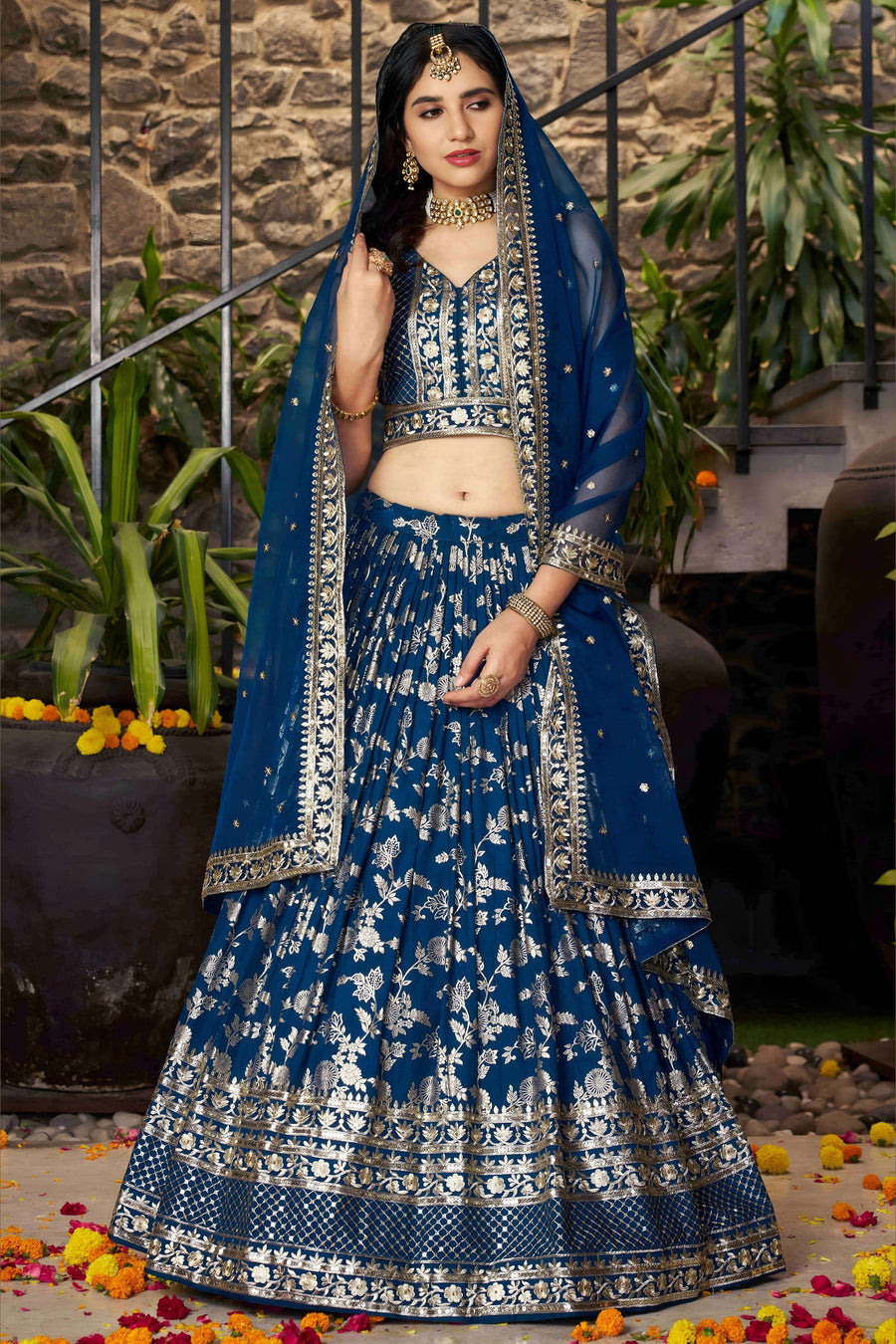 Dove Blue Jacquard Silk Lehenga Choli For Indian & Pakistani Wedding Festival - Sequence Embroidery Work, Zari Work
