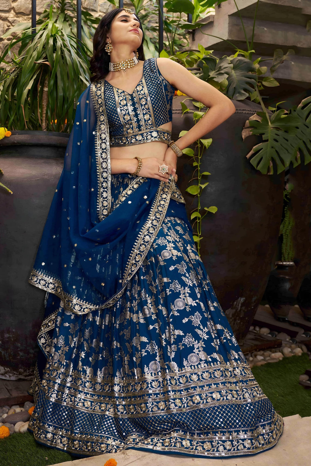 Dove Blue Jacquard Silk Lehenga Choli For Indian & Pakistani Wedding Festival - Sequence Embroidery Work, Zari Work