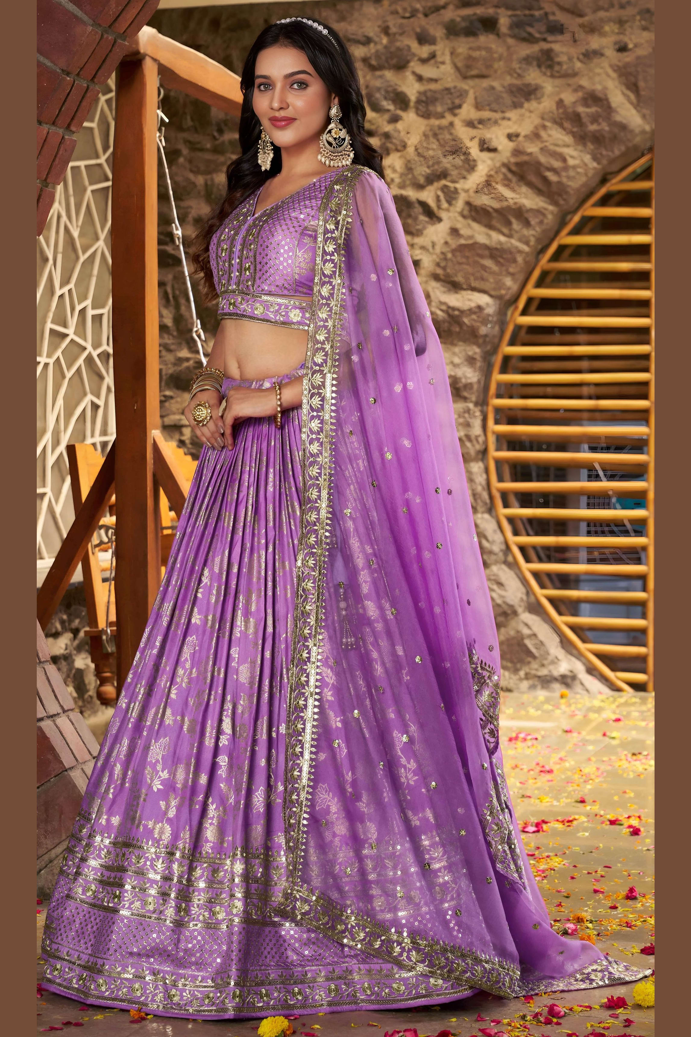 Lavender Jacquard Silk Lehenga Choli For Indian & Pakistani Wedding Festival - Sequence Embroidery Work, Zari Work