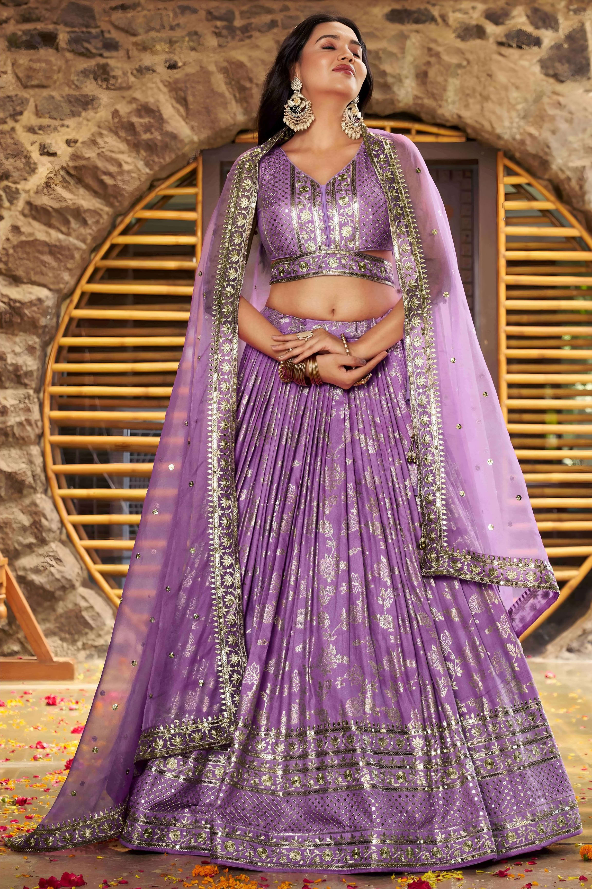Lavender Jacquard Silk Lehenga Choli For Indian & Pakistani Wedding Festival - Sequence Embroidery Work, Zari Work