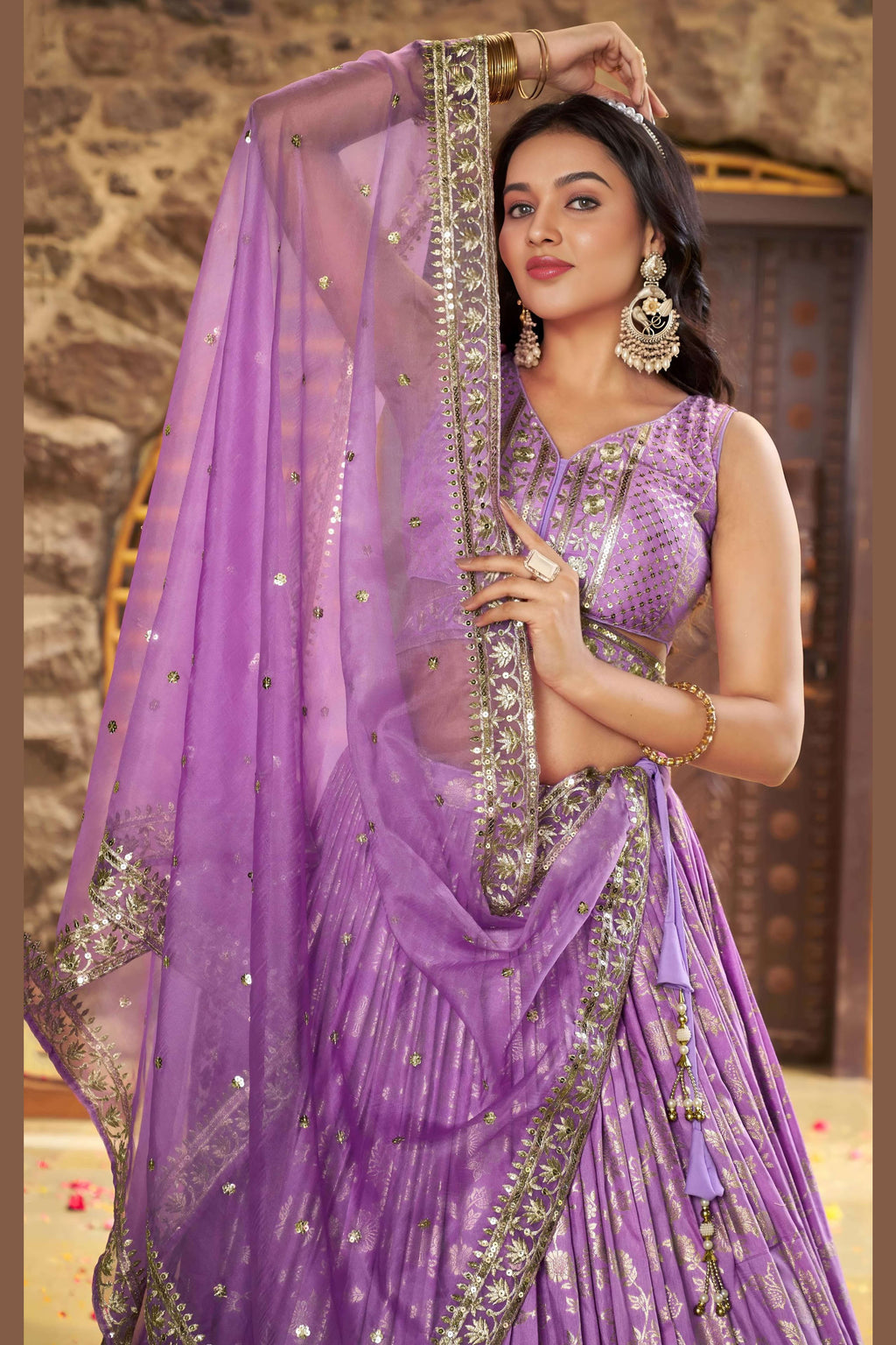 Lavender Jacquard Silk Lehenga Choli For Indian & Pakistani Wedding Festival - Sequence Embroidery Work, Zari Work