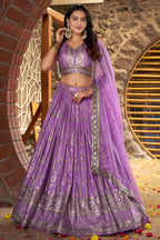Lavender Jacquard Silk Lehenga Choli For Indian & Pakistani Wedding Festival - Sequence Embroidery Work, Zari Work