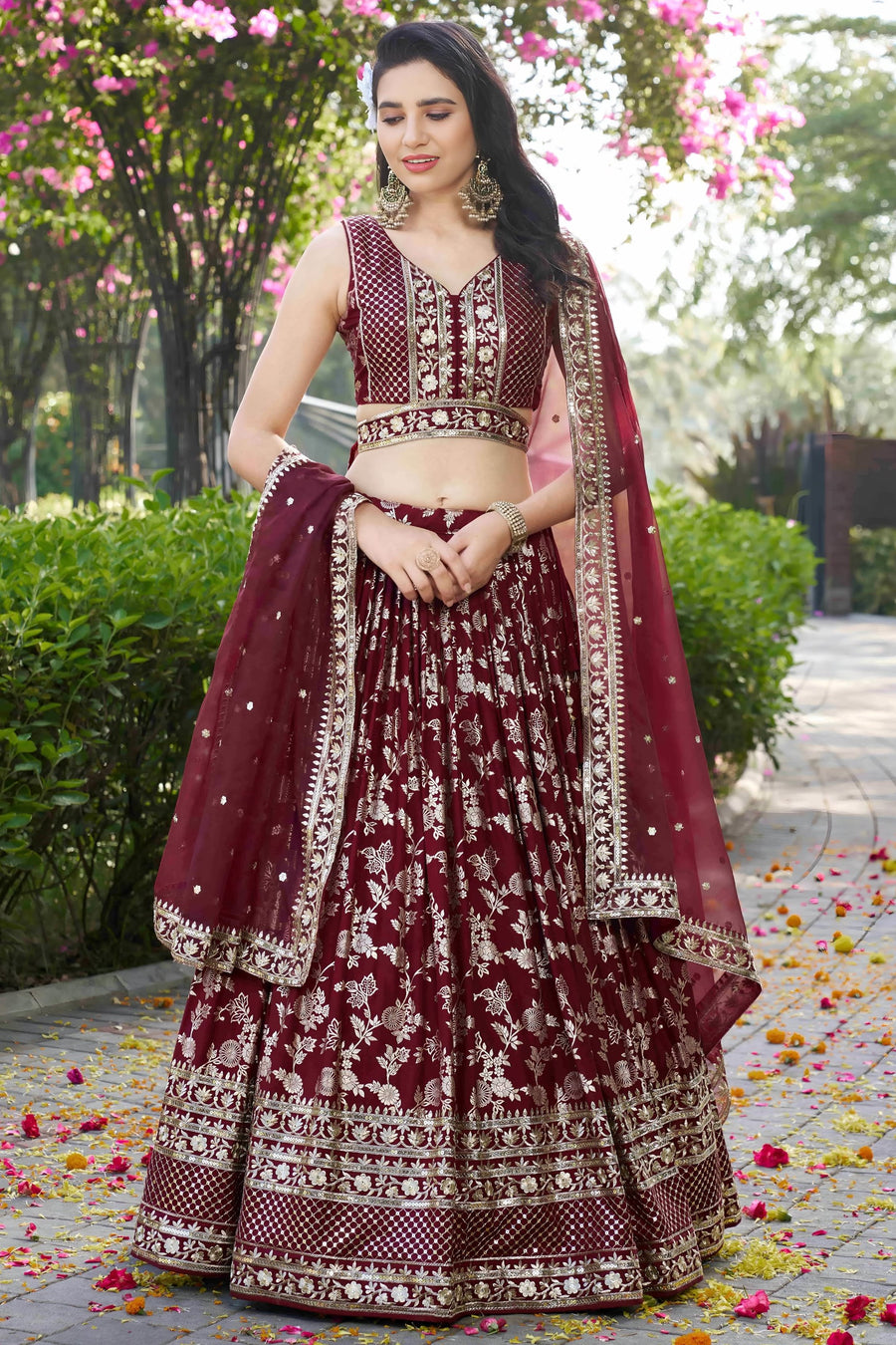 Maroon Jacquard Silk Lehenga Choli For Indian & Pakistani Wedding Festival - Sequence Embroidery Work, Zari Work