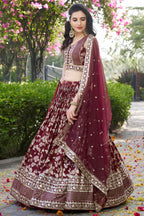 Maroon Jacquard Silk Lehenga Choli For Indian & Pakistani Wedding Festival - Sequence Embroidery Work, Zari Work