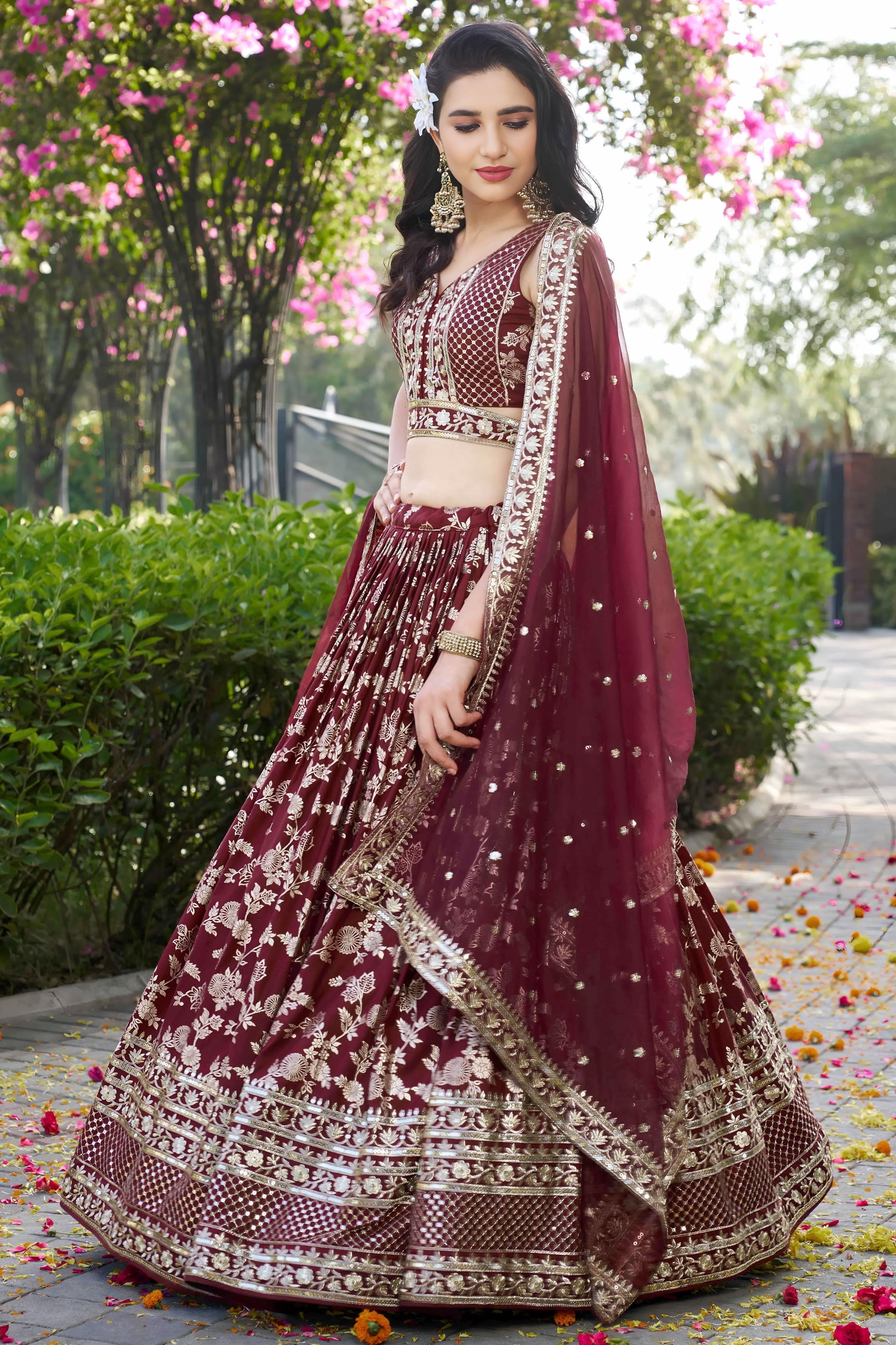 Maroon Jacquard Silk Lehenga Choli For Indian & Pakistani Wedding Festival - Sequence Embroidery Work, Zari Work
