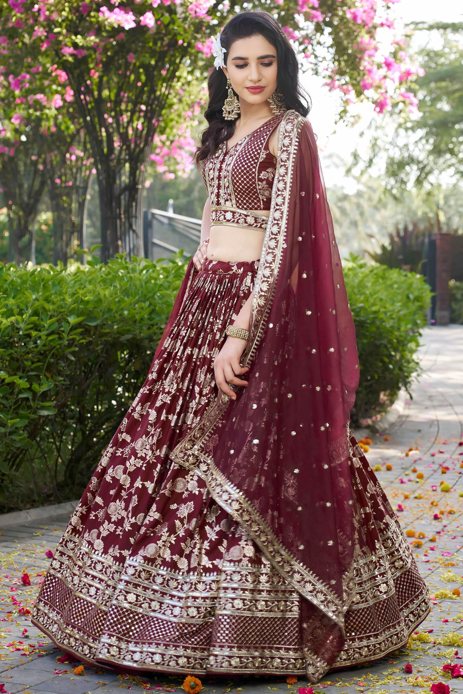 Maroon Jacquard Silk Lehenga Choli For Indian & Pakistani Wedding Festival - Sequence Embroidery Work, Zari Work