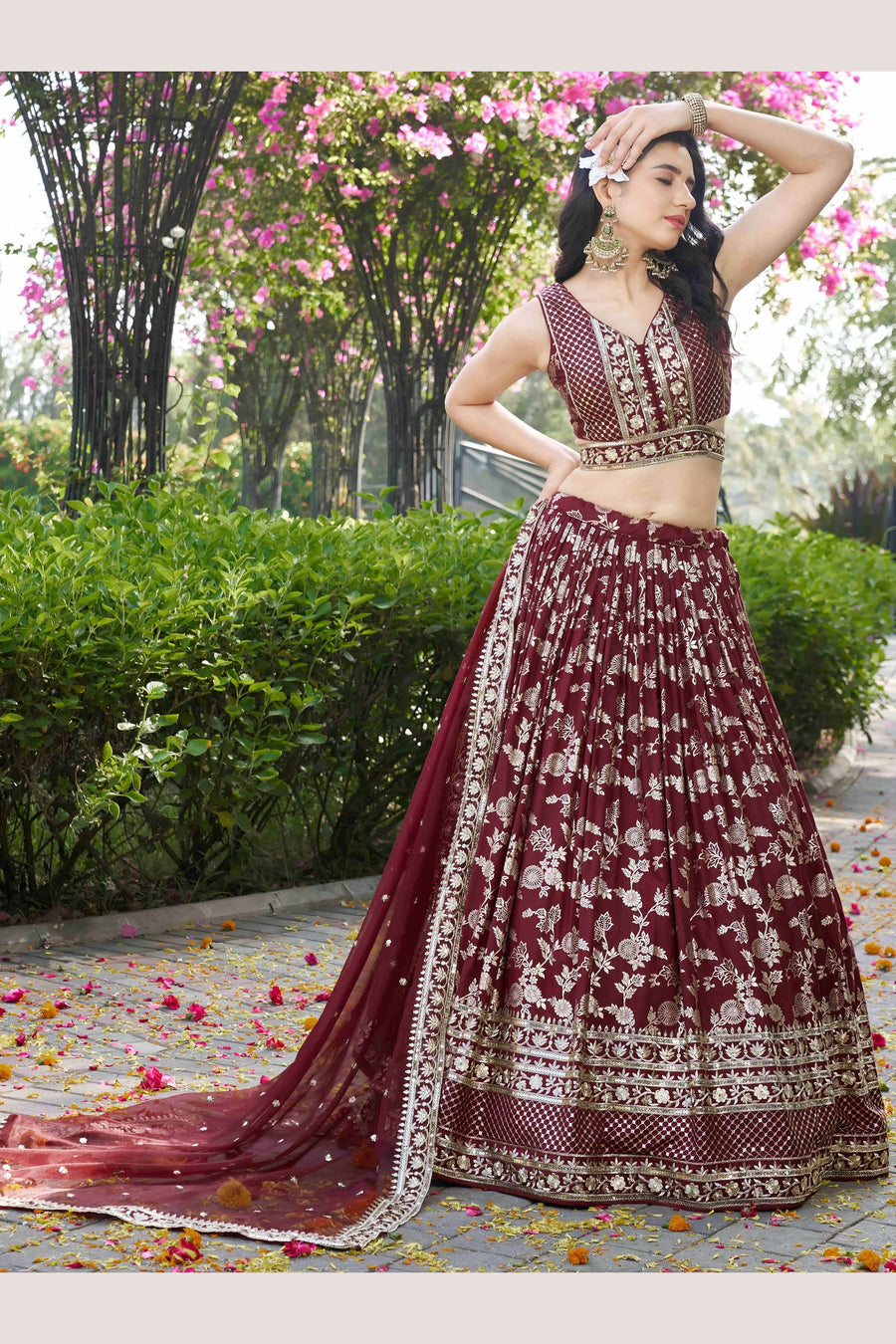 Maroon Jacquard Silk Lehenga Choli For Indian & Pakistani Wedding Festival - Sequence Embroidery Work, Zari Work
