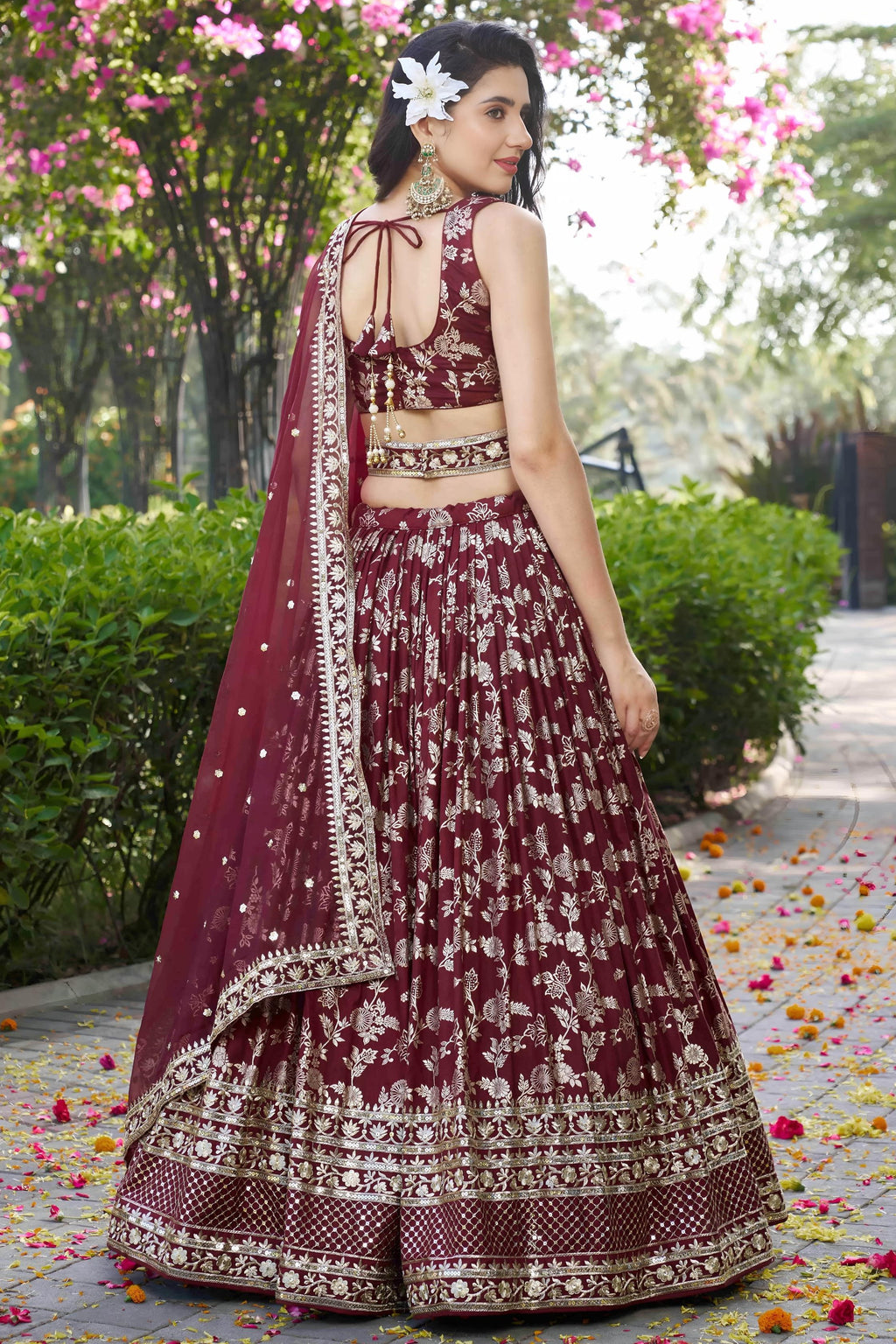 Maroon Jacquard Silk Lehenga Choli For Indian & Pakistani Wedding Festival - Sequence Embroidery Work, Zari Work