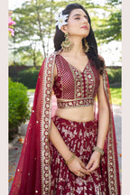 Maroon Jacquard Silk Lehenga Choli For Indian & Pakistani Wedding Festival - Sequence Embroidery Work, Zari Work
