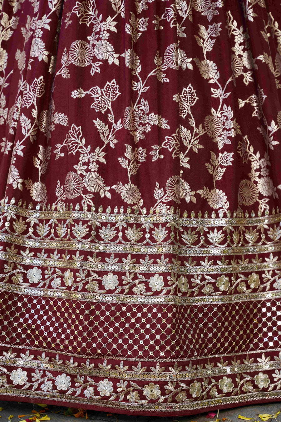 Maroon Jacquard Silk Lehenga Choli For Indian & Pakistani Wedding Festival - Sequence Embroidery Work, Zari Work