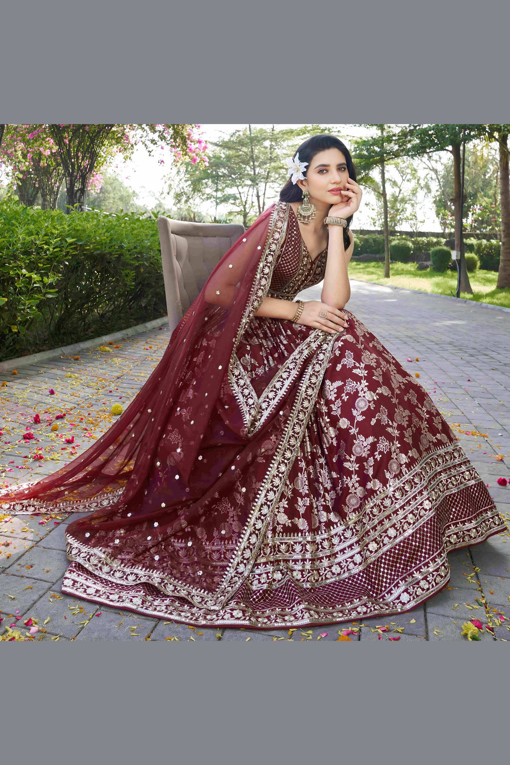 Maroon Jacquard Silk Lehenga Choli For Indian & Pakistani Wedding Festival - Sequence Embroidery Work, Zari Work