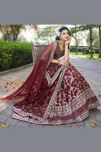 Maroon Jacquard Silk Lehenga Choli For Indian & Pakistani Wedding Festival - Sequence Embroidery Work, Zari Work