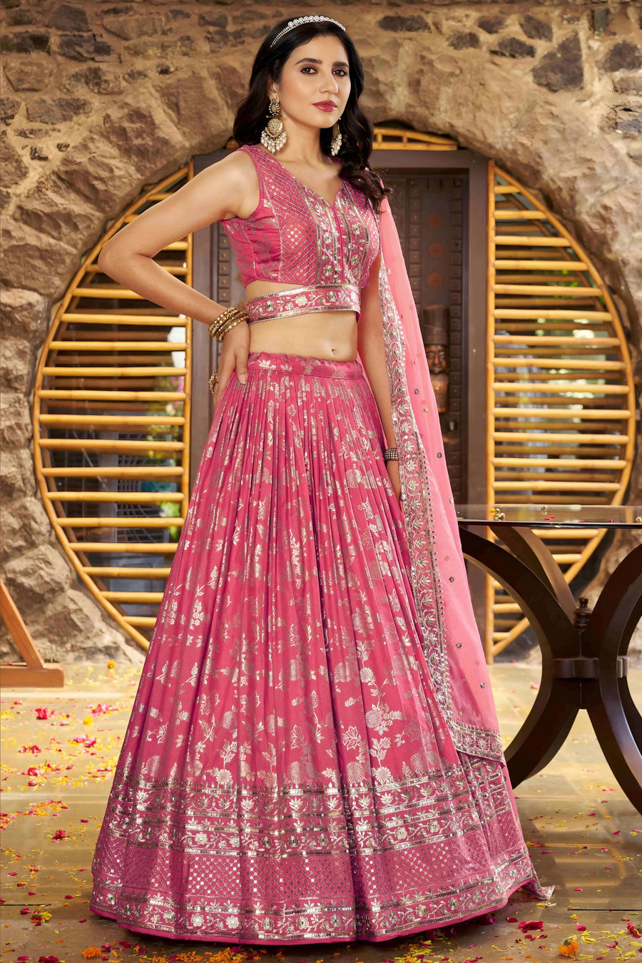 Pinkish Peach Jacquard Silk Lehenga Choli For Indian & Pakistani Wedding Festival - Sequence Embroidery Work, Zari Work
