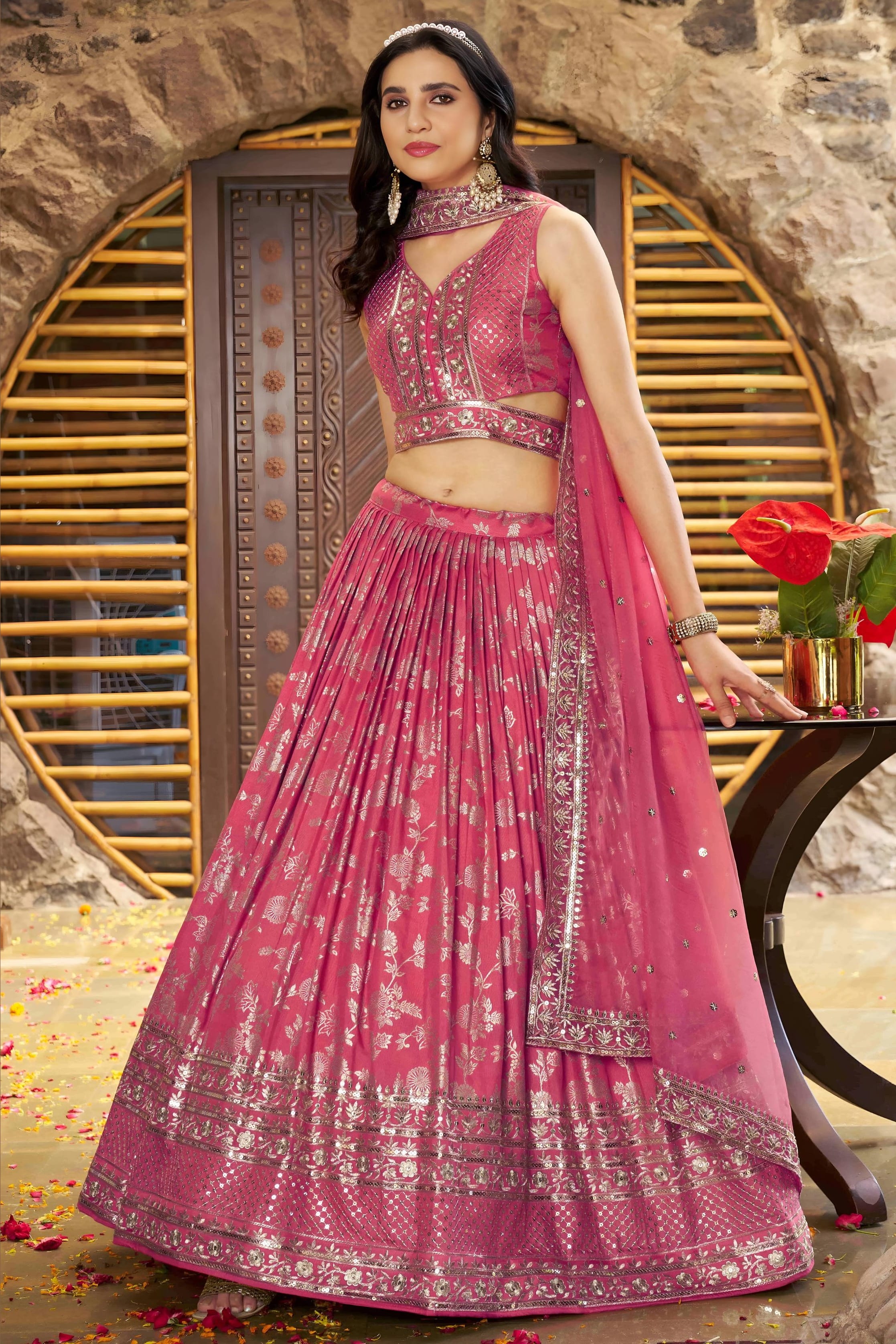 Pinkish Peach Jacquard Silk Lehenga Choli For Indian & Pakistani Wedding Festival - Sequence Embroidery Work, Zari Work