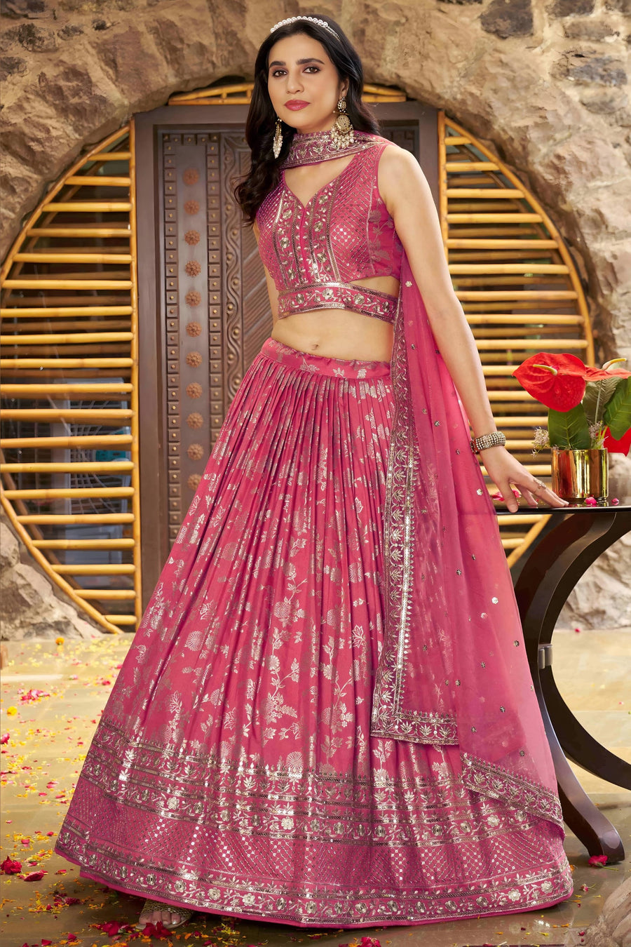 Pinkish Peach Jacquard Silk Lehenga Choli For Indian & Pakistani Wedding Festival - Sequence Embroidery Work, Zari Work