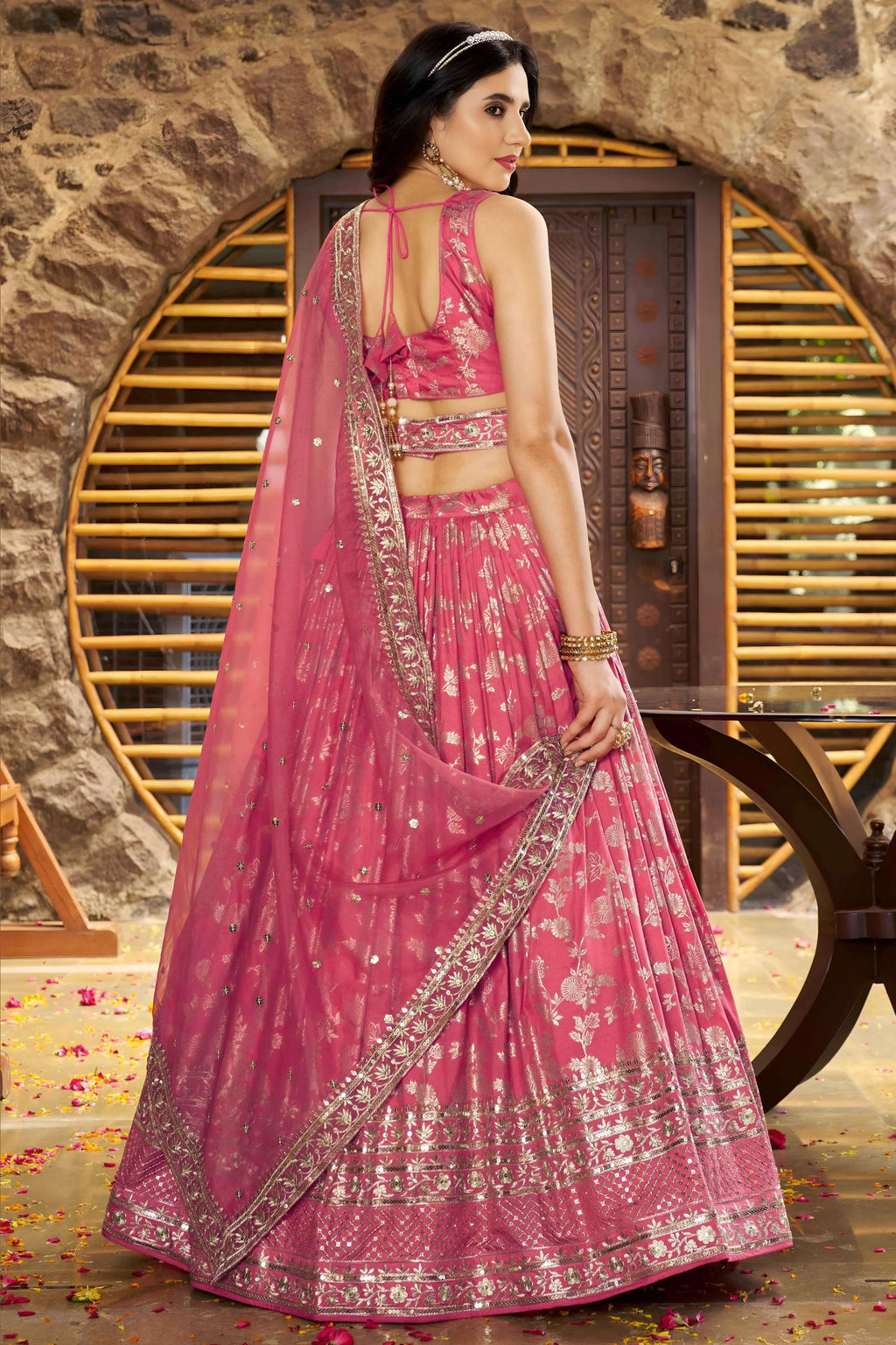 Pinkish Peach Jacquard Silk Lehenga Choli For Indian & Pakistani Wedding Festival - Sequence Embroidery Work, Zari Work