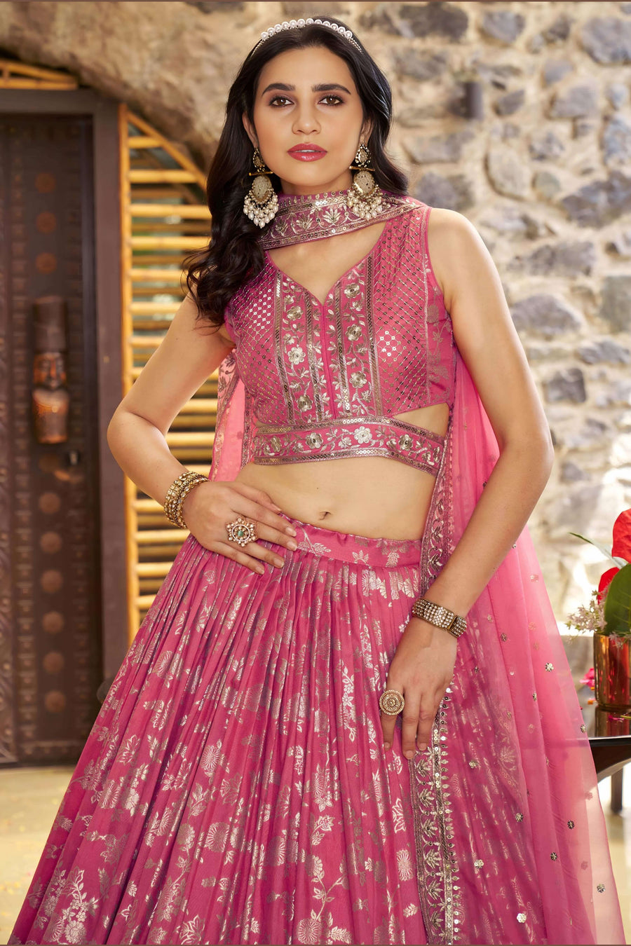 Pinkish Peach Jacquard Silk Lehenga Choli For Indian & Pakistani Wedding Festival - Sequence Embroidery Work, Zari Work
