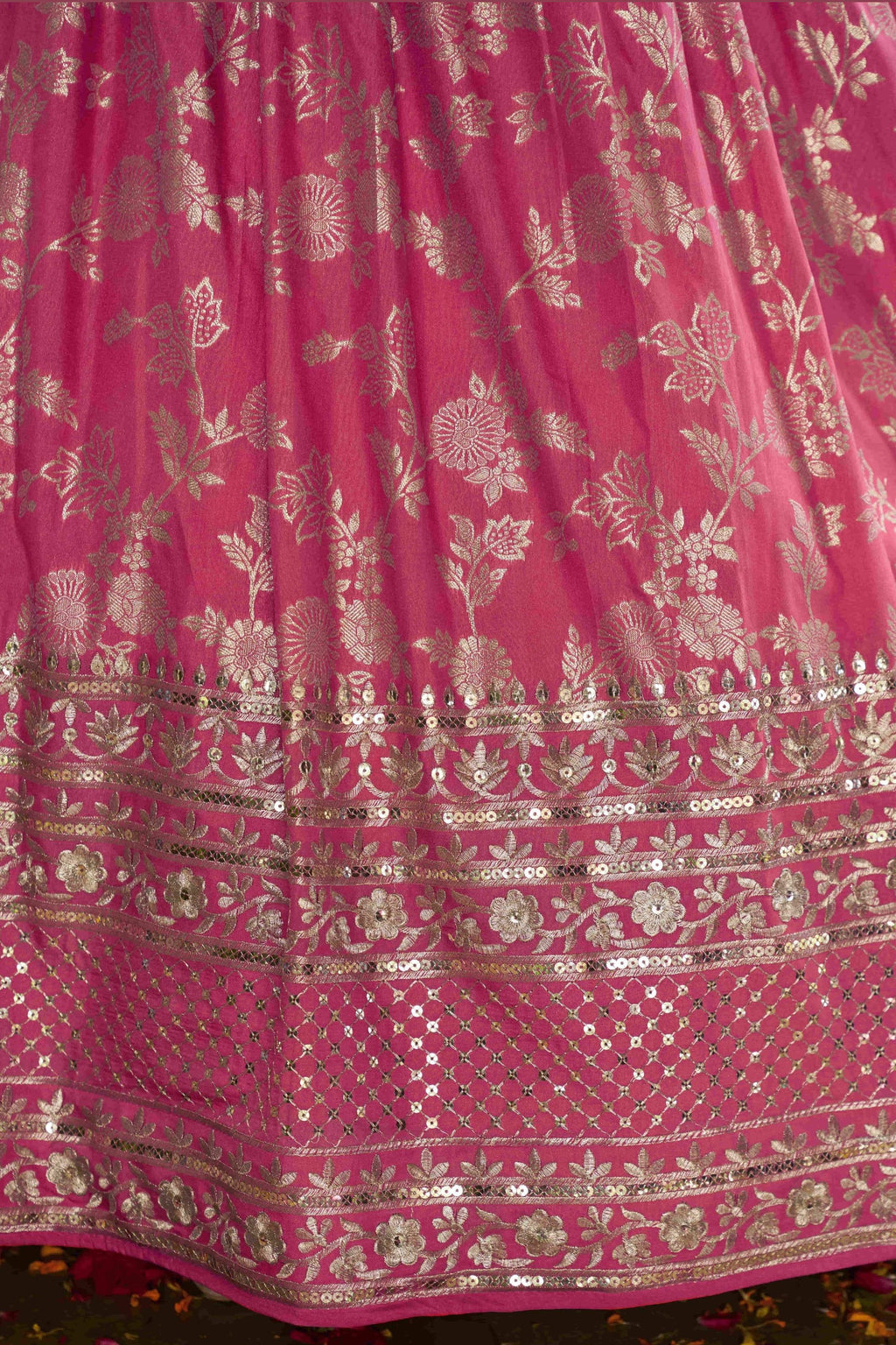 Pinkish Peach Jacquard Silk Lehenga Choli For Indian & Pakistani Wedding Festival - Sequence Embroidery Work, Zari Work