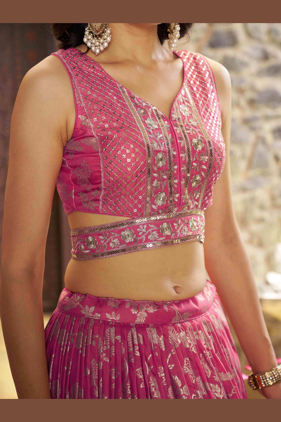 Pinkish Peach Jacquard Silk Lehenga Choli For Indian & Pakistani Wedding Festival - Sequence Embroidery Work, Zari Work