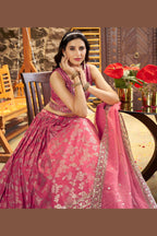 Pinkish Peach Jacquard Silk Lehenga Choli For Indian & Pakistani Wedding Festival - Sequence Embroidery Work, Zari Work