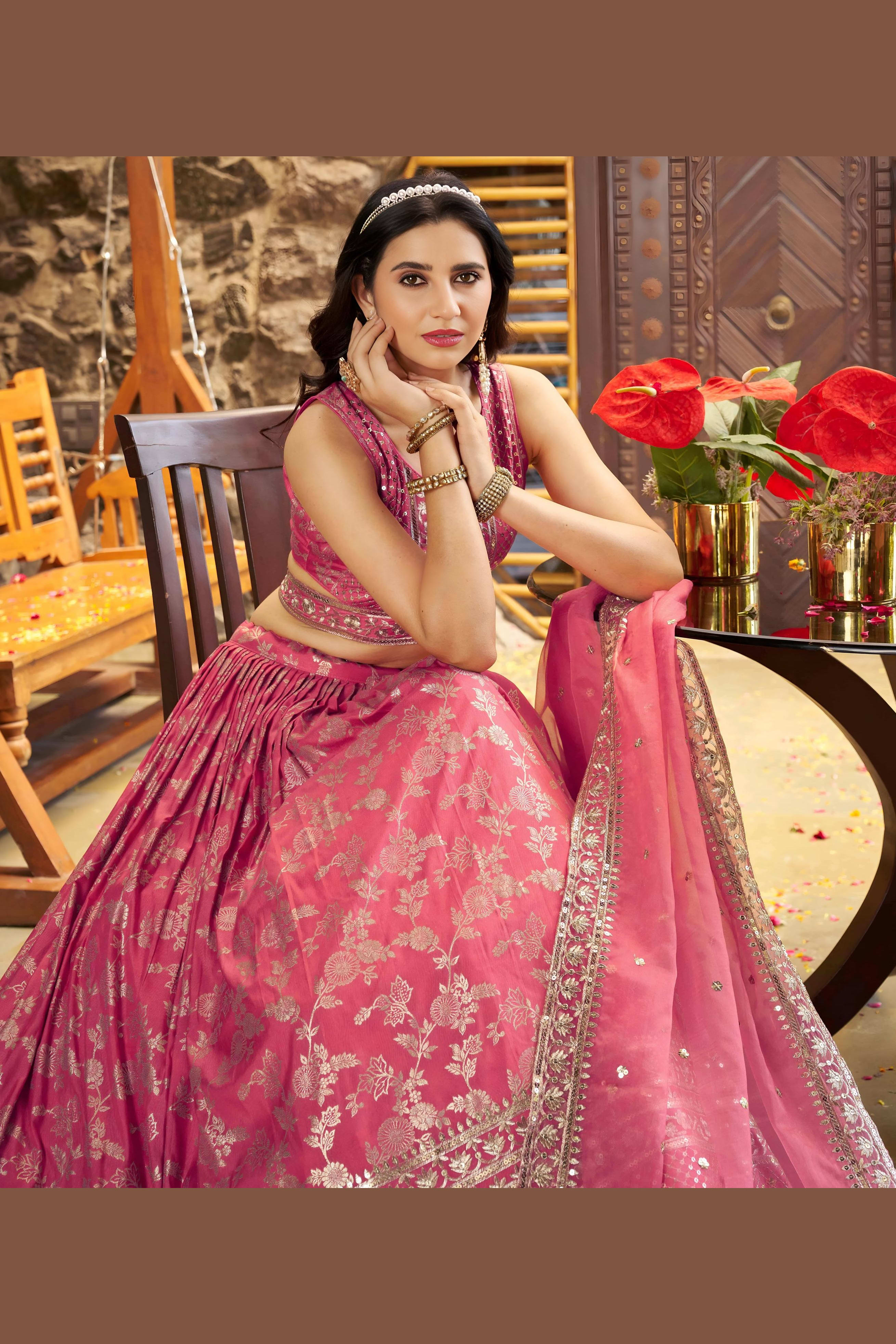 Pinkish Peach Jacquard Silk Lehenga Choli For Indian & Pakistani Wedding Festival - Sequence Embroidery Work, Zari Work