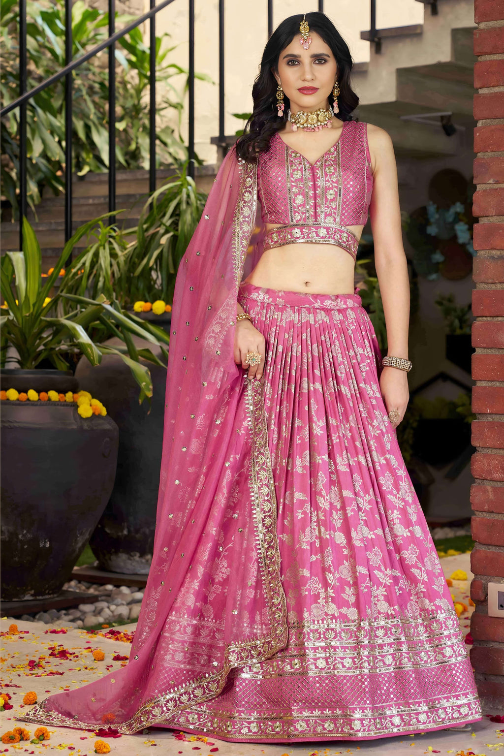 Pink Jacquard Silk Lehenga Choli For Indian & Pakistani Wedding Festival - Sequence Embroidery Work, Zari Work
