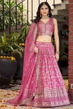 Pink Jacquard Silk Lehenga Choli For Indian & Pakistani Wedding Festival - Sequence Embroidery Work, Zari Work