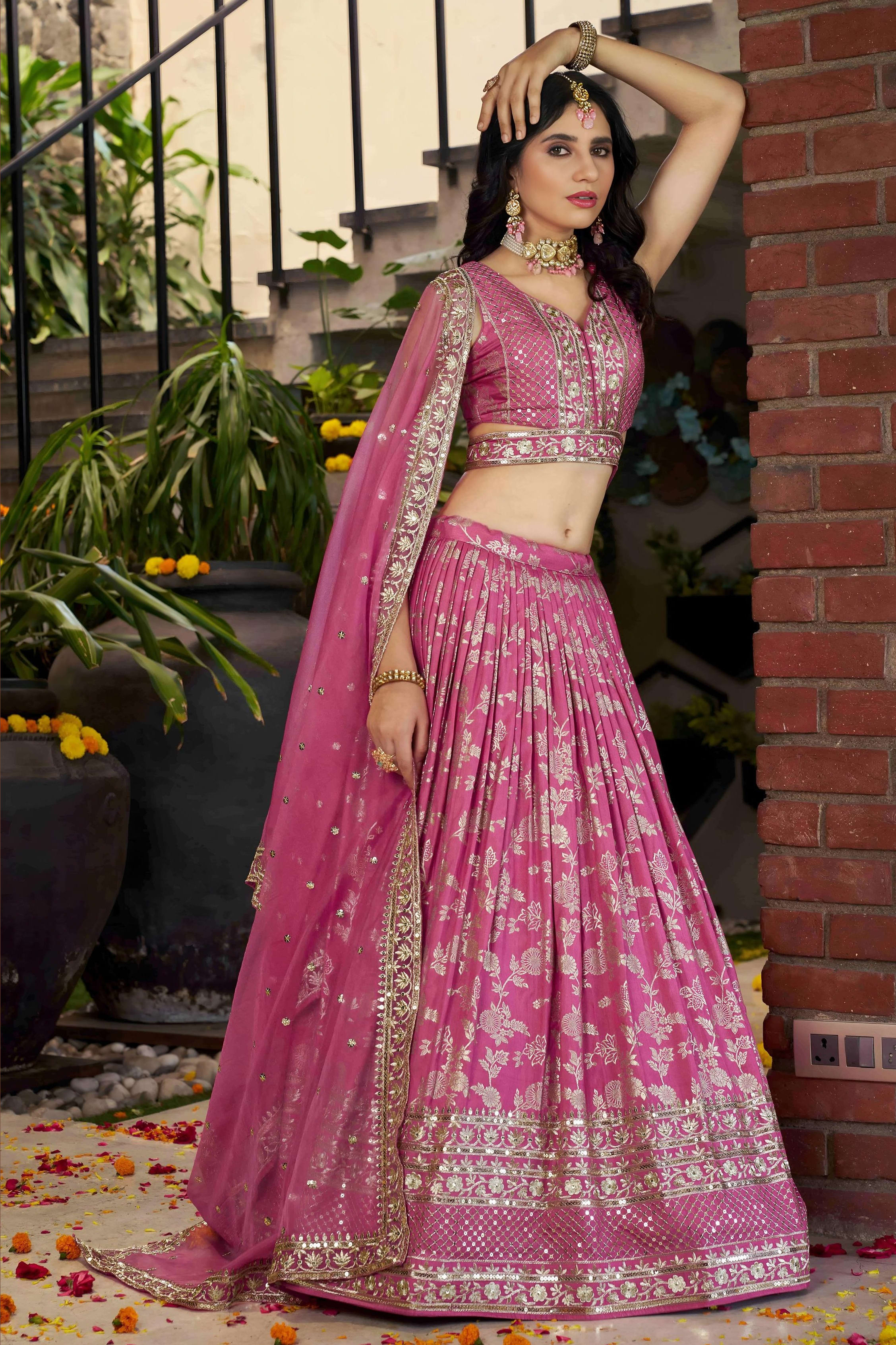 Pink Jacquard Silk Lehenga Choli For Indian & Pakistani Wedding Festival - Sequence Embroidery Work, Zari Work