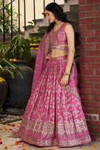 Pink Jacquard Silk Lehenga Choli For Indian & Pakistani Wedding Festival - Sequence Embroidery Work, Zari Work