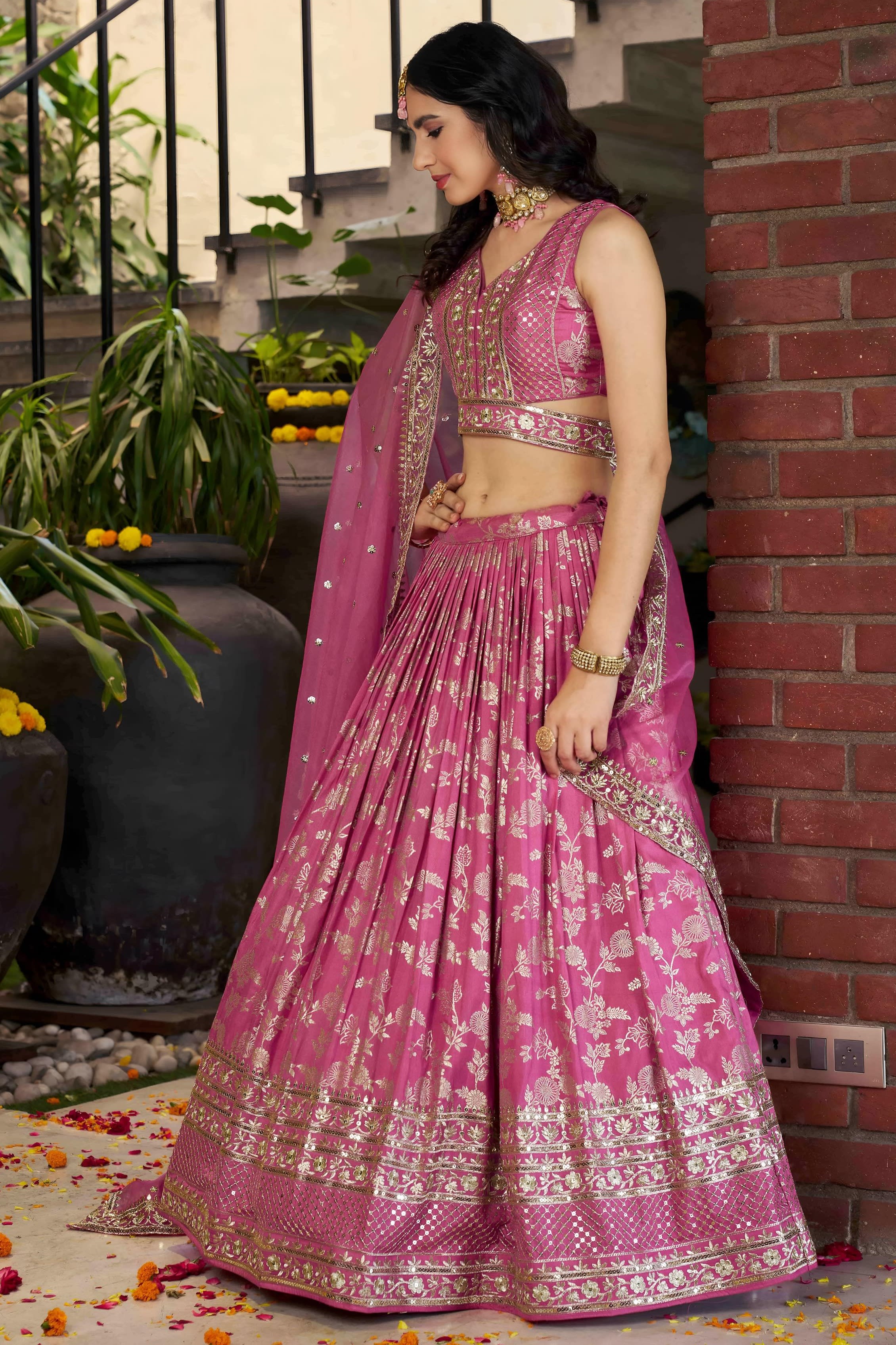 Pink Jacquard Silk Lehenga Choli For Indian & Pakistani Wedding Festival - Sequence Embroidery Work, Zari Work