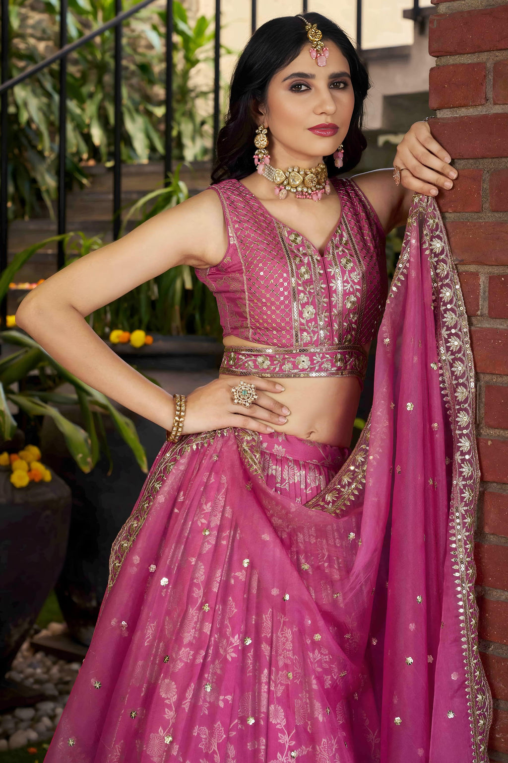 Pink Jacquard Silk Lehenga Choli For Indian & Pakistani Wedding Festival - Sequence Embroidery Work, Zari Work