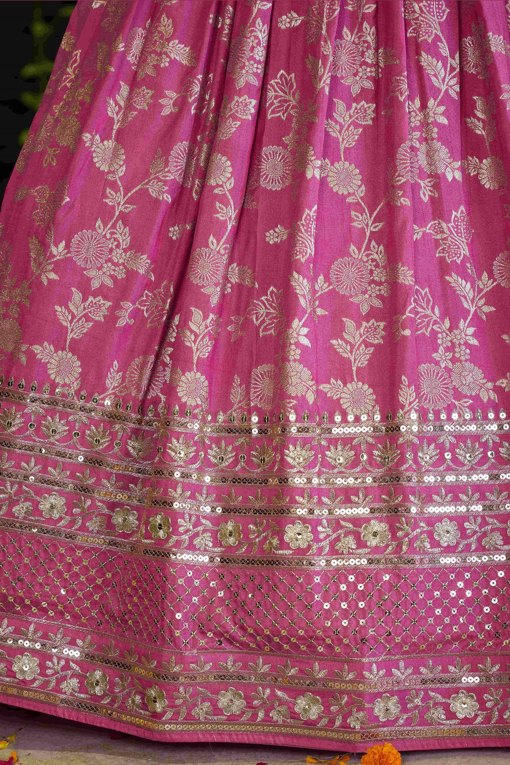 Pink Jacquard Silk Lehenga Choli For Indian & Pakistani Wedding Festival - Sequence Embroidery Work, Zari Work