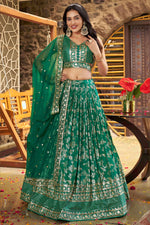 Teal Green Jacquard Silk Lehenga Choli For Indian & Pakistani Wedding Festival - Sequence Embroidery Work, Zari Work