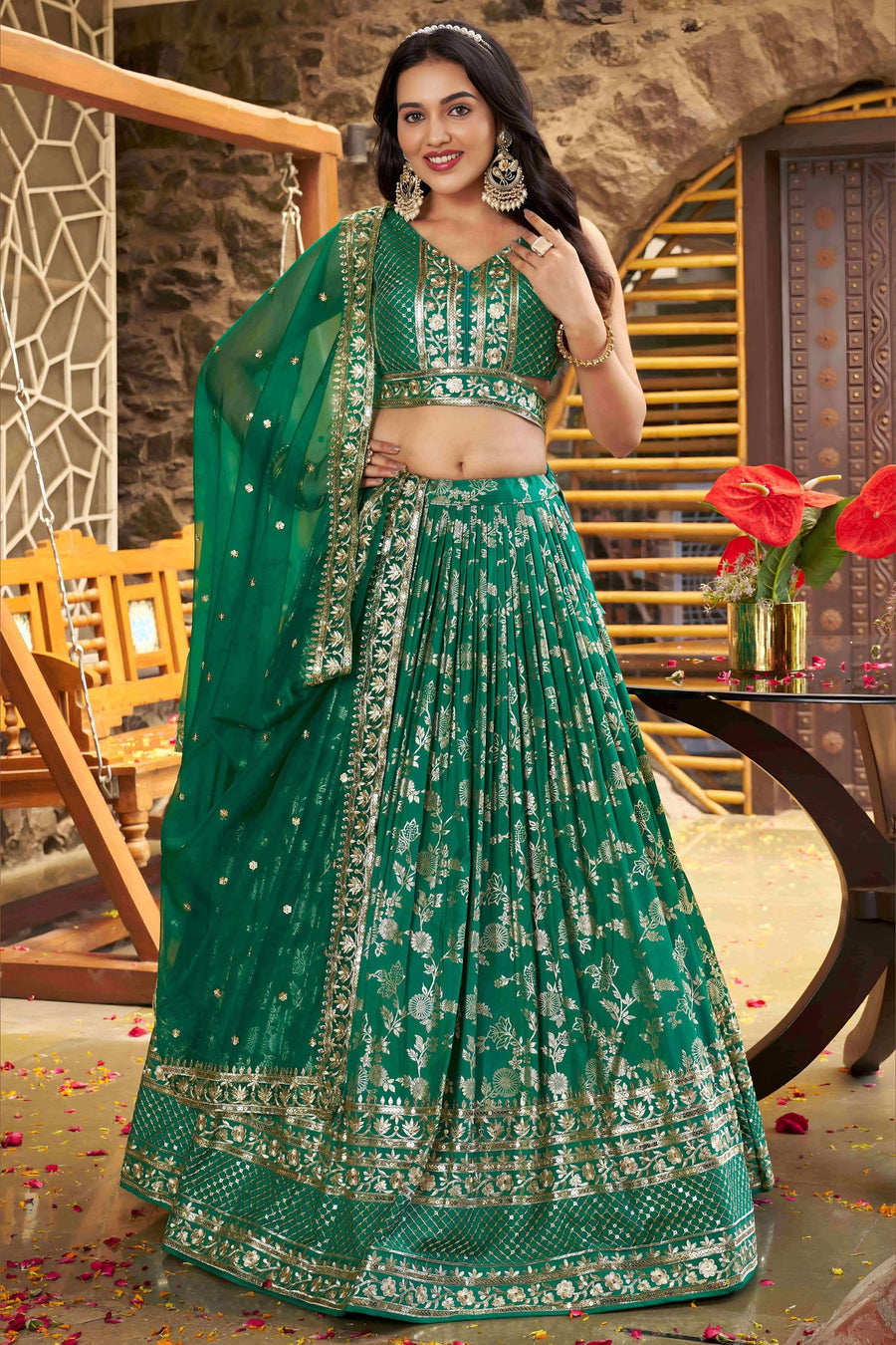 Teal Green Jacquard Silk Lehenga Choli For Indian & Pakistani Wedding Festival - Sequence Embroidery Work, Zari Work