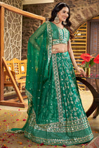 Teal Green Jacquard Silk Lehenga Choli For Indian & Pakistani Wedding Festival - Sequence Embroidery Work, Zari Work