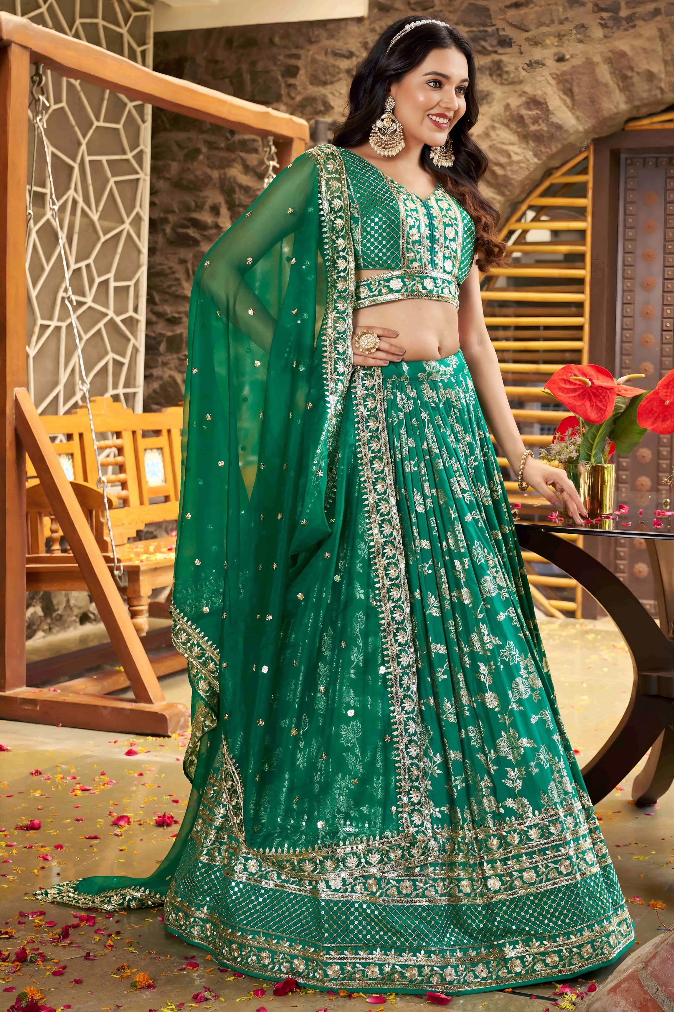 Teal Green Jacquard Silk Lehenga Choli For Indian & Pakistani Wedding Festival - Sequence Embroidery Work, Zari Work