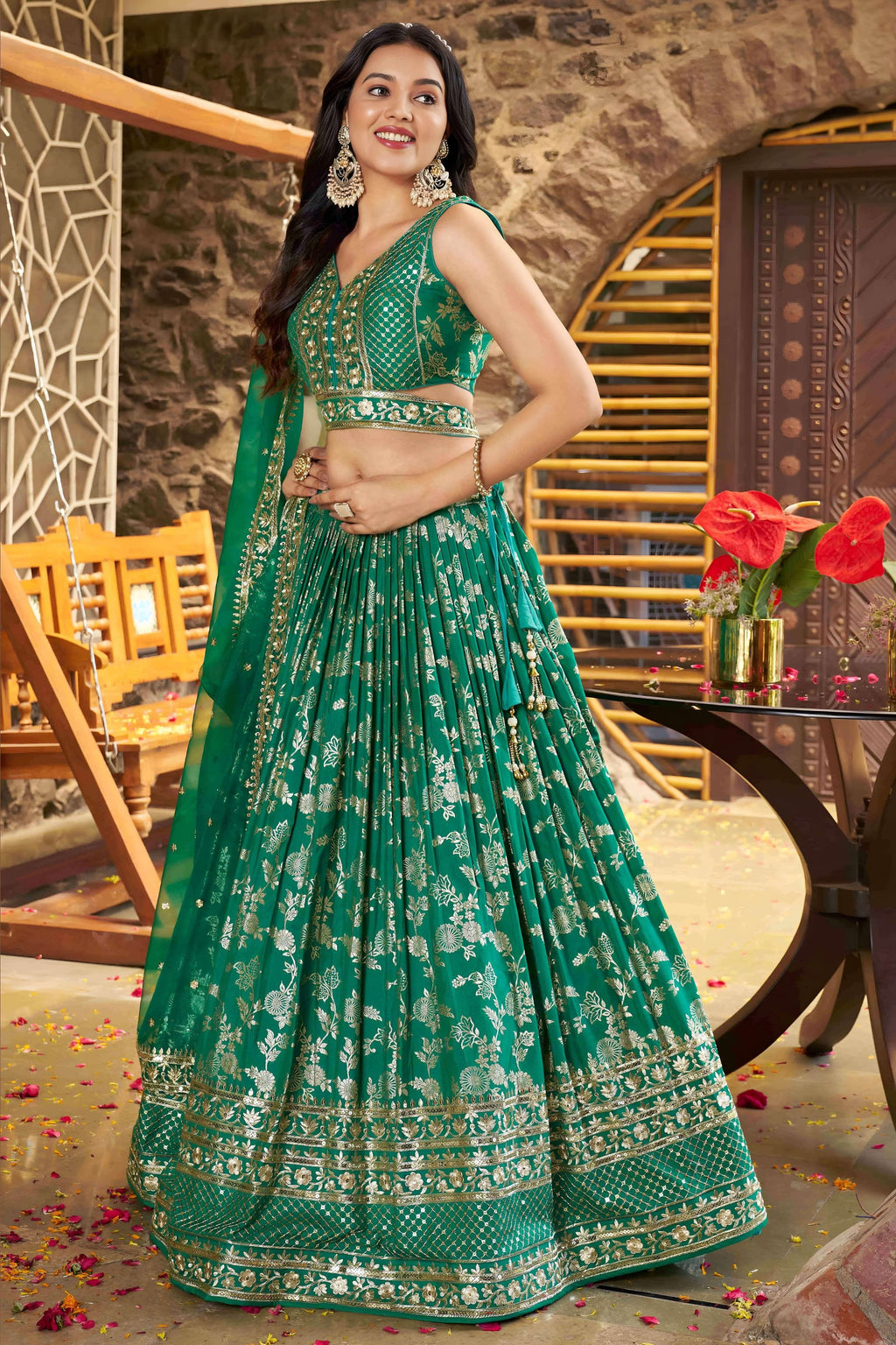 Teal Green Jacquard Silk Lehenga Choli For Indian & Pakistani Wedding Festival - Sequence Embroidery Work, Zari Work
