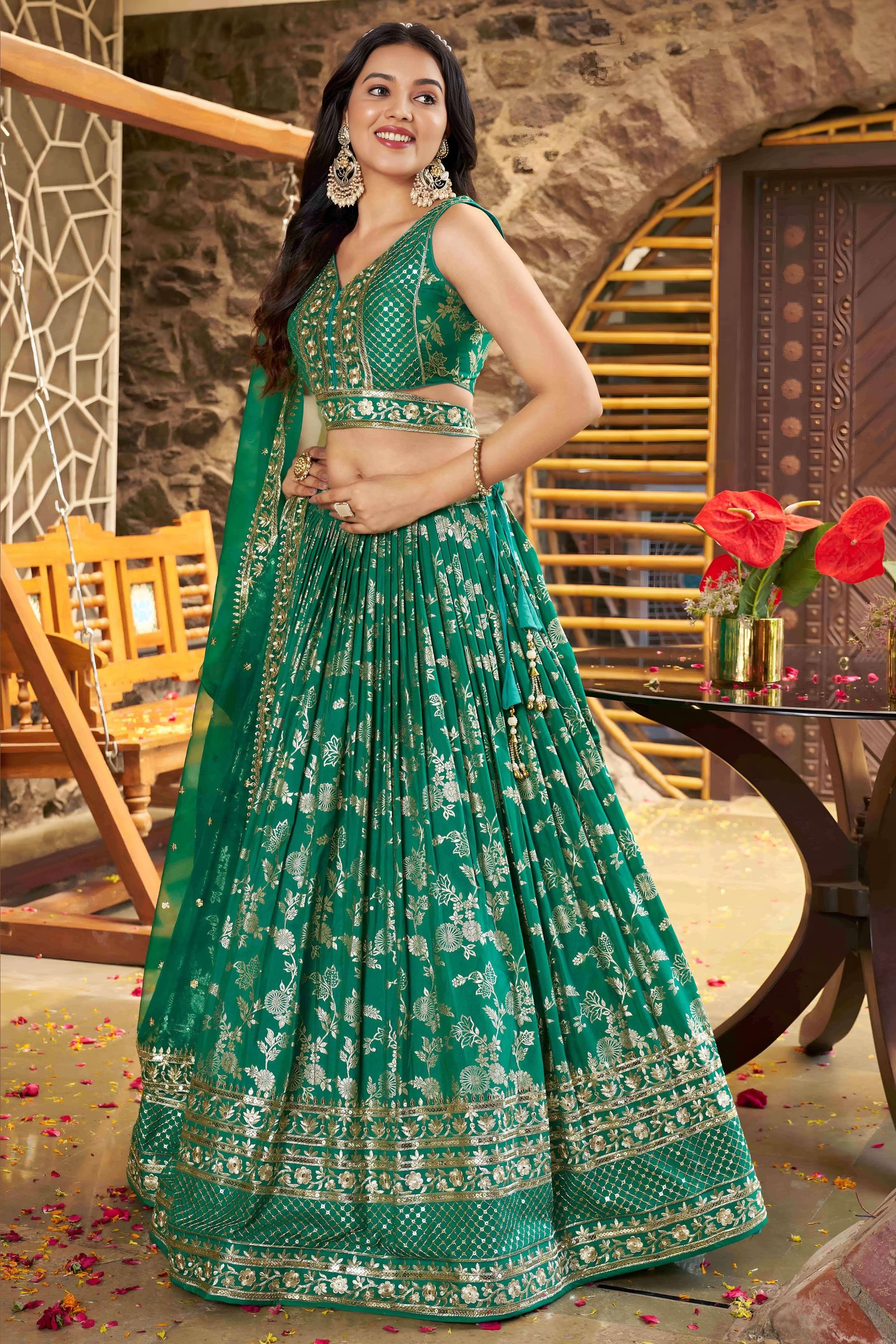 Teal Green Jacquard Silk Lehenga Choli For Indian & Pakistani Wedding Festival - Sequence Embroidery Work, Zari Work