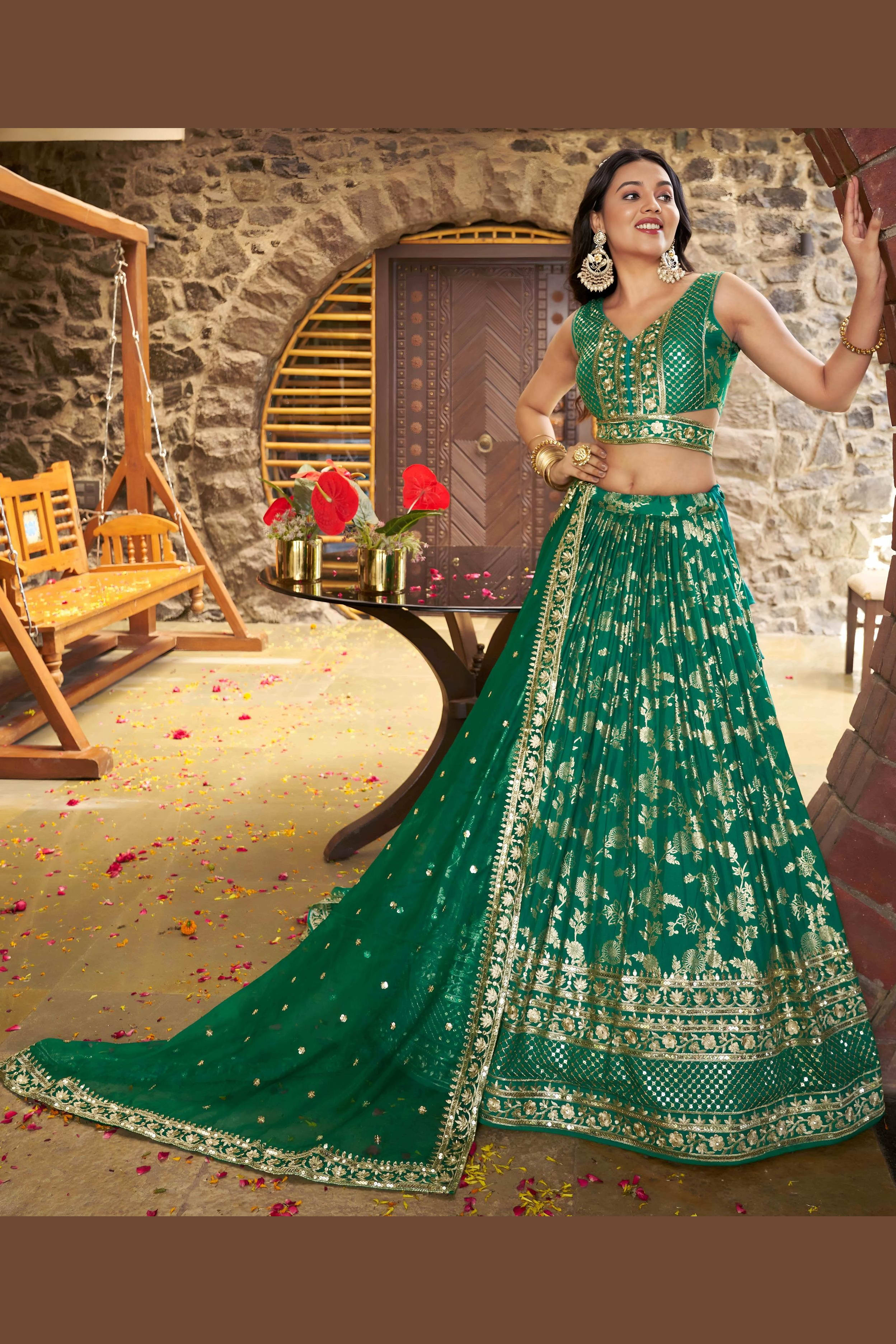 Teal Green Jacquard Silk Lehenga Choli For Indian & Pakistani Wedding Festival - Sequence Embroidery Work, Zari Work